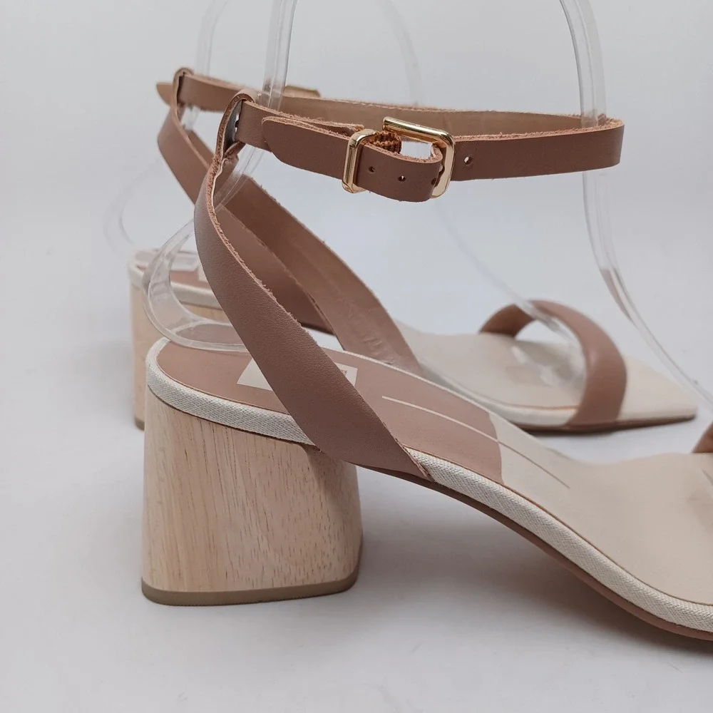 Dolce Vita Tan Wood‎ Block Heel Sandals Square Toe Ankle Strap Womens Size 8